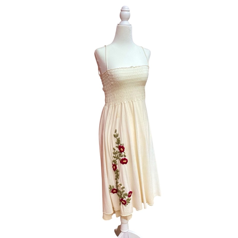 Vintage Green Dragon Cream Dress with Red Floral Cherry Blossom Embroidery
